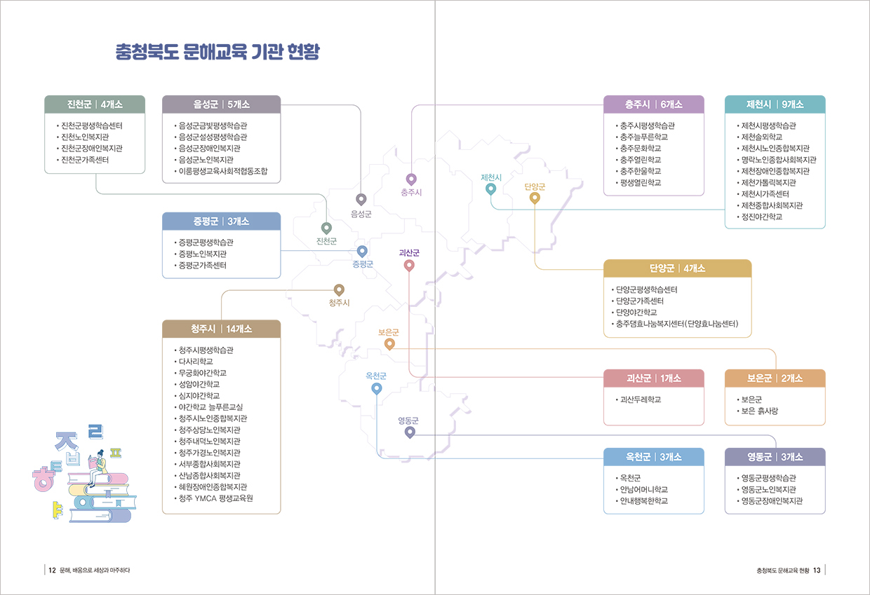 충청북도 문해교육 현황 12p, 13p - 자세한 내용은 아래를 참조하시기 바랍니다.